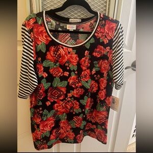 NWT Lularoe Gigi Floral and Striped Top Red Black White